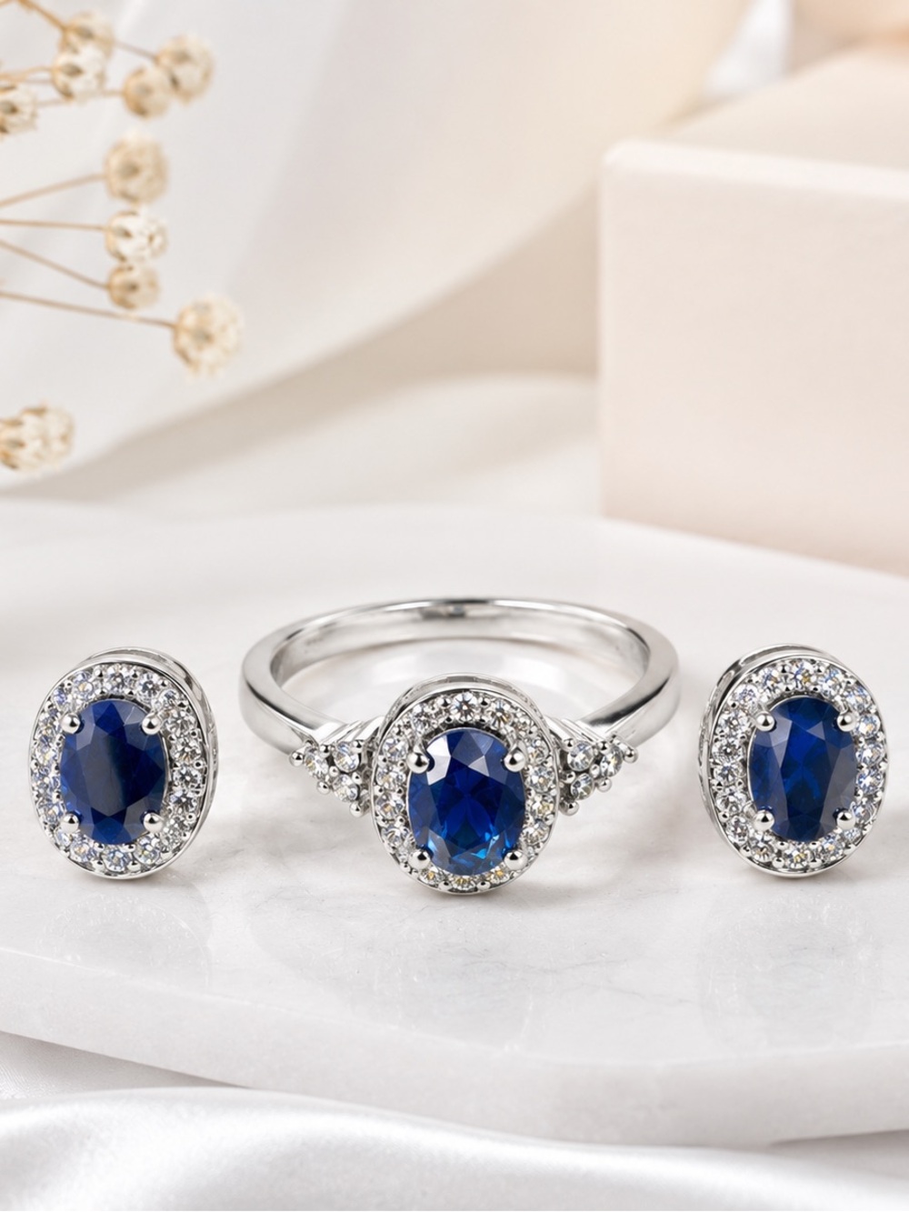 Sterling Silver 925 Blue Sapphire Ring And Earring Set Oval Cut With Halo Size 7